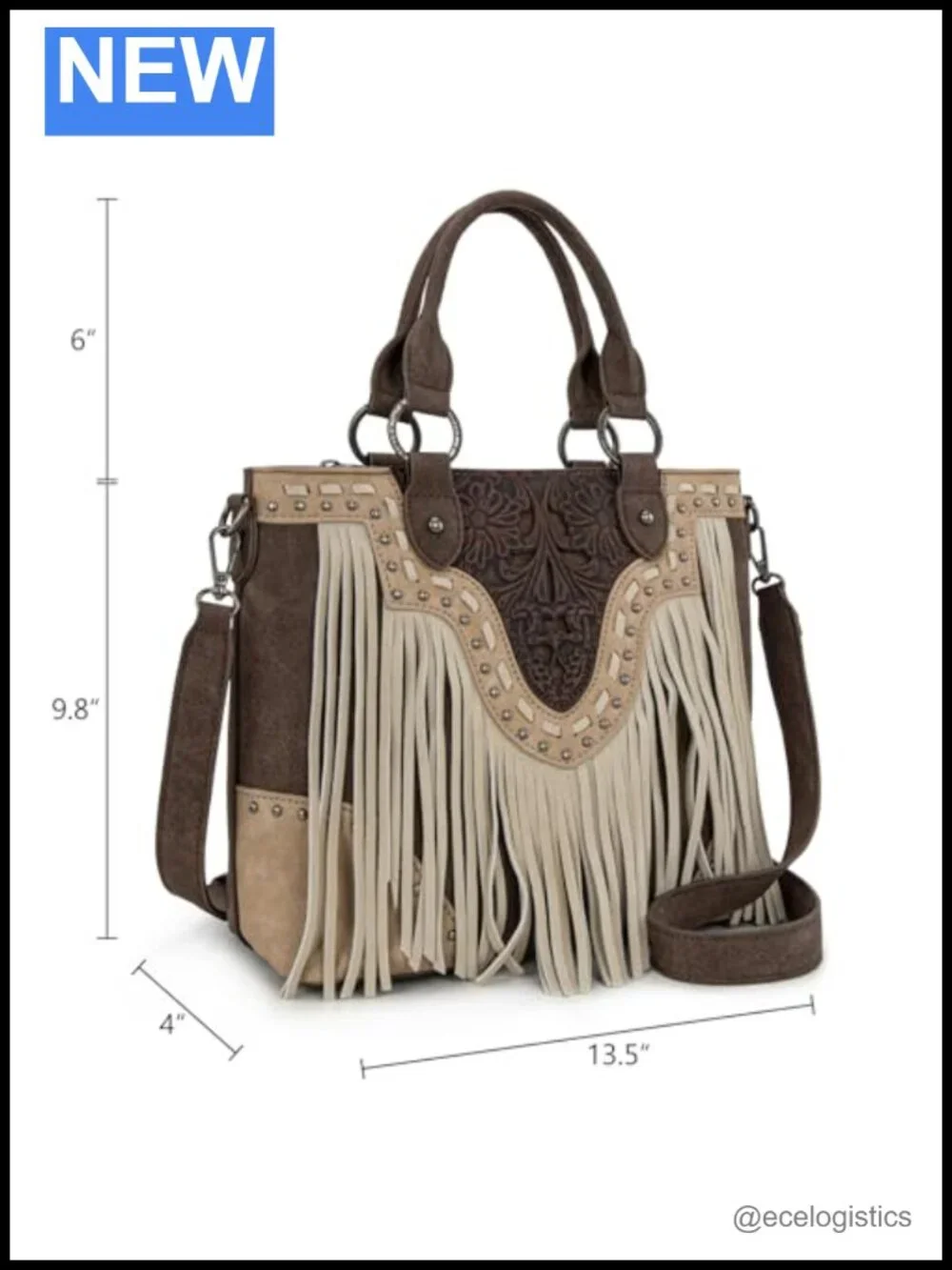 Genuine Leather Floral Tooled Western Fringe Crossbody Tote Bag